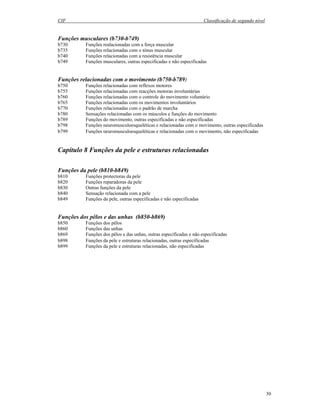 CIF Classificação de segundo nível
30
Funções musculares (b730-b749)
b730 Funções realacionadas com a força muscular
b735 Funções relacionadas com o tónus muscular
b740 Funções relacionadas com a resistência muscular
b749 Funções musculares, outras especificadas e não especificadas
Funções relacionadas com o movimento (b750-b789)
b750 Funções relacionadas com reflexos motores
b755 Funções relacionadas com reacções motoras involuntárias
b760 Funções relacionadas com o controle do movimento voluntário
b765 Funções relacionadas com os movimentos involuntários
b770 Funções relacionadas com o padrão de marcha
b780 Sensações relacionadas com os músculos e funções do movimento
b789 Funções do movimento, outras especificadas e não especificadas
b798 Funções neuromusculoesqueléticas e relacionadas com o movimento, outras especificadas
b799 Funções neuromusculoesqueléticas e relacionadas com o movimento, não especificadas
Capítulo 8 Funções da pele e estruturas relacionadas
Funções da pele (b810-b849)
b810 Funções protectoras da pele
b820 Funções reparadoras da pele
b830 Outras funções da pele
b840 Sensação relacionada com a pele
b849 Funções da pele, outras especificadas e não especificadas
Funções dos pêlos e das unhas (b850-b869)
b850 Funções dos pêlos
b860 Funções das unhas
b869 Funções dos pêlos e das unhas, outras especificadas e não especificadas
b898 Funções da pele e estruturas relacionadas, outras especificadas
b899 Funções da pele e estruturas relacionadas, não especificadas
 