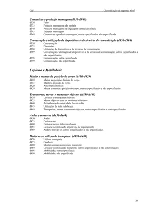 CIF Classificação de segundo nível
34
Comunicar e produzir mensagens(d330-d349)
d330 Falar
d335 Produzir mensagens não verbais
d340 Produzir mensagens na linguagem formal dos sinais
d345 Escrever mensagens
d349 Comunicar e produzir mensagens, outra especificada e não especificada
Conversação e utilização de dispositivos e de técnicas de comunicação (d350-d369)
d350 Conversação
d355 Discussão
d360 Utilização de dispositivos e de técnicas de comunicação
d369 Conversação e utilização de dispositivos e de técnicas de comunicação, outros especificados e
não especificados
d398 Comunicação, outra especificada
d399 Comunicação, não especificada
Capítulo 4 Mobilidade
Mudar e manter da posição do corpo (d410-d429)
d410 Mudar as posições básicas do corpo
d415 Manter a posição do corpo
d420 Auto-transferências
d429 Mudar e manter a posição do corpo, outras especificadas e não especificadas
Transportar, mover e manusear objectos (d430-d449)
d430 Levantar e transportar objectos
d435 Mover objectos com os membros inferiores
d440 Actividades de motricidade fina da mão
d445 Utilização da mão e do braço
d449 Transportar, mover e manusear objectos, outros especificados e não especificados
Andar e mover-se (d450-d469)
d450 Andar
d455 Deslocar-se
d460 Deslocar-se em diferentes locais
d465 Deslocar-se utilizando algum tipo de equipamento
d469 Andar e mover-se, outros especificados e não especificados
Deslocar-se utilizando transporte (d470-d489)
d470 Utilizar transporte
d475 Conduzir
d480 Montar animais como meio transporte
d489 Deslocar-se utilizando transporte, outros especificados e não especificados
d498 Mobilidade, outra especificada
d499 Mobilidade, não especificada
 