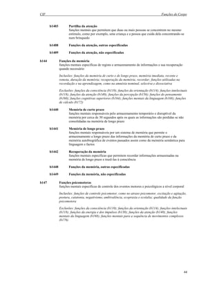 CIF Funções do Corpo
44
b1403 Partilha da atenção
funções mentais que permitem que duas ou mais pessoas se concentrem no mesmo
estímulo, como por exemplo, uma criança e a pessoa que cuida dela concentrando-se
num brinquedo
b1408 Funções da atenção, outras especificadas
b1409 Funções da atenção, não especificadas
b144 Funções da memória
funções mentais específicas de registo e armazenamento de informações e sua recuperação
quando necessário
Inclusões: funções da memória de curto e de longo prazo, memória imediata, recente e
remota, duração da memória; recuperação da memória, recordar; funções utilizadas na
recordação e na aprendizagem, como na amnésia nominal, selectiva e dissociativa
Exclusões: funções da consciência (b110); funções da orientação (b114); funções intelectuais
(b118); funções da atenção (b140); funções da percepção (b156); funções do pensamento
(b160); funções cognitivas superiores (b164); funções mentais da linguagem (b168); funções
de cálculo (b172)
b1440 Memória de curto prazo
funções mentais responsáveis pelo armazenamento temporário e disruptível da
memória por cerca de 30 segundos após os quais as informações são perdidas se não
consolidadas na memória de longo prazo
b1441 Memória de longo prazo
funções mentais responsáveis por um sistema de memória que permite o
armazenamento a longo prazo das informações da memória de curto prazo e da
memória autobiográfica de eventos passados assim como da memória semântica para
linguagem e factos
b1442 Recuperação da memória
funções mentais específicas que permitem recordar informações armazenadas na
memória de longo prazo e trazê-las à consciência
b1448 Funções da memória, outras especificadas
b1449 Funções da memória, não especificadas
b147 Funções psicomotoras
funções mentais específicas de controle dos eventos motores e psicológicos a nível corporal
Inclusões: funções de controle psicomotor, como no atraso psicomotor, excitação e agitação,
postura, catatonia, negativismo, ambivalência, ecopraxia e ecolalia; qualidade da função
psicomotora
Exclusões: funções da consciência (b110); funções da orientação (b114); funções intelectuais
(b118); funções da energia e dos impulsos (b130); funções da atenção (b140); funções
mentais da linguagem (b168); funções mentais para a sequência de movimentos complexos
(b176)
 