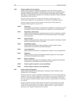 CIF Funções do Corpo
47
b164 Funções cognitivas de nível superior
funções mentais específicas especialmente dependentes dos lobos frontais do cérebro,
incluindo comportamentos complexos orientados para metas, tais como, tomada de decisão,
pensamento abstracto, planeamento e execução de planos, flexibilidade mental e decisão
sobre quais os comportamentos adequados em circunstâncias específicas; funções designadas
frequentemente como executivas
Inclusões: função de abstracção e organização de ideias; gestão do tempo, auto-
conhecimento e julgamento, conceptualização, categorização e flexibilidade cognitiva
Exclusões: funções da memória (b144); funções do pensamento (b160); funções da
linguagem (b168); funções de cálculo (b172)
b1640 Abstracção
funções mentais que permitem criar ideias gerais, qualidades ou características a partir
de realidades concretas, objectos específicos ou situações reais, mas distintas deles
b1641 Organização e planeamento
funções mentais que permitem coordenar partes de um todo, de sistematizar; a função
mental envolvida no desenvolvimento de um método para prosseguir com qualquer
coisa ou para agir
b1642 Gestão do tempo
funções mentais que permitem ordenar eventos numa sequência cronológica, alocando
períodos de tempo para eventos e actividades
b1643 Flexibilidade cognitiva
funções mentais que permitem mudar estratégias, ou alterar cenários mentais,
especialmente as envolvidas na resolução de problemas
b1644 Auto-conhecimento
funções mentais de consciência e compreensão de si próprio e do seu comportamento
b1645 Julgamento
funções mentais envolvidas na escolha entre diferentes opções, tais como, aquelas
envolvidas na formulação de uma opinião
b1646 Resolver problemas
funções mentais relacionadas com identificação, análise e integração de informações
incongruentes ou discordantes, para encontrar uma solução
b1648 Funções cognitivas superiores, outras especificadas
b1649 Funções cognitivas superiores, não especificadas
b167 Funções mentais da linguagem
funções mentais específicas de reconhecimento e utilização de sinais, símbolos e outros
componentes de uma linguagem
Inclusões: funções de recepção e decifração da linguagem oral, escrita ou outras formas de
linguagem, como por exemplo, linguagem de sinais; funções de expressão da linguagem oral,
escrita e de outras formas de linguagem; funções integrativas da linguagem oral e escrita,
tais como, aquelas envolvidas na afasia receptiva, expressiva, afasia de Broca, de Wernicke e
de condução
Exclusões: funções da atenção (b140); funções da memória (b144), funções da percepção
(b156); funções do pensamento (b160); funções cognitivas superiores (b164); funções de
cálculo (b172); funções mentais de movimentos complexos (b176); Capítulo 2 Funções
Sensoriais e Dor; Capítulo 3 Funções da Voz e da Fala
 