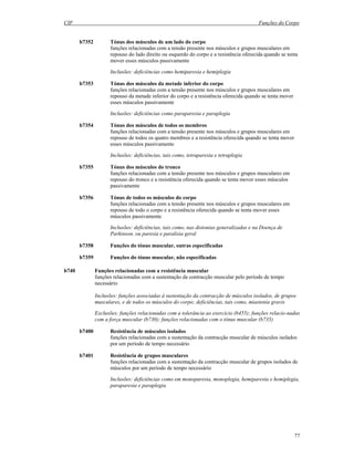CIF Funções do Corpo
77
b7352 Tónus dos músculos de um lado do corpo
funções relacionadas com a tensão presente nos músculos e grupos musculares em
repouso do lado direito ou esquerdo do corpo e a resistência oferecida quando se tenta
mover esses músculos passivamente
Inclusões: deficiências como hemiparesia e hemiplegia
b7353 Tónus dos músculos da metade inferior do corpo
funções relacionadas com a tensão presente nos músculos e grupos musculares em
repouso da metade inferior do corpo e a resistência oferecida quando se tenta mover
esses músculos passivamente
Inclusões: deficiências como paraparesia e paraplegia
b7354 Tónus dos músculos de todos os membros
funções relacionadas com a tensão presente nos músculos e grupos musculares em
repouso de todos os quatro membros e a resistência oferecida quando se tenta mover
esses músculos passivamente
Inclusões: deficiências, tais como, tetraparesia e tetraplegia
b7355 Tónus dos músculos do tronco
funções relacionadas com a tensão presente nos músculos e grupos musculares em
repouso do tronco e a resistência oferecida quando se tenta mover esses músculos
passivamente
b7356 Tónus de todos os músculos do corpo
funções relacionadas com a tensão presente nos músculos e grupos musculares em
repouso de todo o corpo e a resistência oferecida quando se tenta mover esses
músculos passivamente
Inclusões: deficiências, tais como, nas distonias generalizadas e na Doença de
Parkinson, ou paresia e paralisia geral
b7358 Funções do tónus muscular, outras especificadas
b7359 Funções do tónus muscular, não especificadas
b740 Funções relacionadas com a resistência muscular
funções relacionadas com a sustentação da contracção muscular pelo período de tempo
necessário
Inclusões: funções associadas à sustentação da contracção de músculos isolados, de grupos
musculares, e de todos os músculos do corpo; deficiências, tais como, miastenia gravis
Exclusões; funções relacionadas com a tolerância ao exercício (b455); funções relacio-nadas
com a força muscular (b730); funções relacionadas com o tónus muscular (b735)
b7400 Resistência de músculos isolados
funções relacionadas com a sustentação da contracção muscular de músculos isolados
por um período de tempo necessário
b7401 Resistência de grupos musculares
funções relacionadas com a sustentação da contracção muscular de grupos isolados de
músculos por um período de tempo necessário
Inclusões: deficiências como em monoparesia, monoplegia, hemiparesia e hemiplegia,
paraparesia e paraplegia
 