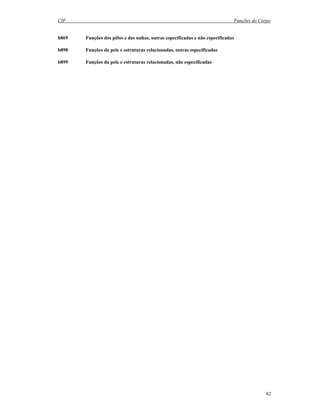 CIF Funções do Corpo
82
b869 Funções dos pêlos e das unhas, outras especificadas e não especificadas
b898 Funções da pele e estruturas relacionadas, outras especificadas
b899 Funções da pele e estruturas relacionadas, não especificadas
 