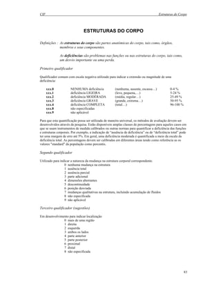 CIF Estruturas do Corpo
83
ESTRUTURAS DO CORPO
Definições : As estruturas do corpo são partes anatómicas do corpo, tais como, órgãos,
membros e seus componentes.
As deficiências são problemas nas funções ou nas estruturas do corpo, tais como,
um desvio importante ou uma perda.
Primeiro qualificador
Qualificador comum com escala negativa utilizado para indicar a extensão ou magnitude de uma
deficiência:
xxx.0 NENHUMA deficiência (nenhuma, ausente, escassa…) 0-4 %
xxx.1 deficiência LIGEIRA (leve, pequena,…) 5-24 %
xxx.2 deficiência MODÉRADA (média, regular…) 25-49 %
xxx.3 deficiência GRAVE (grande, extrema…) 50-95 %
xxx.4 deficiência COMPLETA (total…) 96-100 %
xxx.8 não especificadas
xxx.9 não aplicável
Para que esta quantificação possa ser utilizada de maneira universal, os métodos de avaliação devem ser
desenvolvidos através da pesquisa. Estão disponíveis amplas classes de percentagens para aqueles casos em
que se usam instrumentos de medida calibrados ou outras normas para quantificar a deficiência das funções
e estruturas corporais. Por exemplo, a indicação de “ausência de deficiência” ou de “deficiência total” pode
ter uma margem de erro até 5%. Em geral, uma deficiência moderada é quantificada a meio da escala da
deficiência total. As percentagens devem ser calibradas em diferentes áreas tendo como referência as os
valores "standard" da população como percentis.
Segundo qualificador
Utilizado para indicar a natureza da mudança na estrutura corporal correspondente.
0 nenhuma mudança na estrutura
1 ausência total
2 ausência parcial
3 parte adicional
4 dimensões aberrantes
5 descontinuidade
6 posição desviada
7 mudanças qualitativas na estrutura, incluindo acumulação de fluidos
8 não especificada
9 não aplicável
Terceiro qualificador (sugestões)
Em desenvolvimento para indicar localização
0 mais de uma região
1 direita
2 esquerda
3 ambos os lados
4 parte anterior
5 parte posterior
6 proximal
7 distal
8 não especificada
 