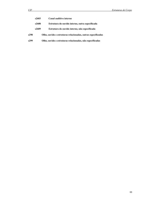 CIF Estruturas do Corpo
88
s2603 Canal auditivo interno
s2608 Estrutura do ouvido interno, outra especificada
s2609 Estrutura do ouvido interno, não especificada
s298 Olho, ouvido e estruturas relacionadas, outras especificadas
s299 Olho, ouvido e estruturas relacionadas, não especificadas
 