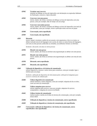 CIF Actividades e Participação
110
d3502 Terminar uma conversa
terminar um diálogo ou troca de impressões com declarações ou expressões habituais
de finalização e encerrar o tópico discutido
d3503 Conversar com uma pessoa
iniciar, manter, dar forma e terminar um diálogo ou troca de impressões com uma
pessoa, como por exemplo, falar do tempo com um amigo
d3504 Conversar com muitas pessoas
iniciar, manter, dar forma e terminar um diálogo ou troca de impressões com mais de
um indivíduo, como por exemplo, iniciar e participar numa conversa em grupo
d3508 Conversação, outra especificada
d3509 Conversação, não especificada
d355 Discussão
iniciar, manter e terminar a análise de um assunto, com argumentos a favor ou contra, ou
debate realizado através de linguagem oral, escrita, de sinais ou outras formas de linguagem,
com uma ou mais pessoas conhecidas ou estranhas, em ambientes formais ou informais
Inclusões: discussão com uma ou várias pessoas
d3550 Discutir com uma pessoa
iniciar, manter, dar forma ou terminar uma argumentação ou debate com uma pessoa
d3551 Discutir com várias pessoas
iniciar, manter, dar forma ou terminar uma argumentação ou debate com mais de uma
pessoa
d3558 Discussão, outra especificada
d3559 Discussão, não especificada
d360 Utilização de dispositivos e de técnicas de comunicação
utilizar dispositivos, técnicas e outros meios para comunicar, como por exemplo, ligar o
telefone para um amigo
Inclusões: utilização de dispositivos de telecomunicações, utilização de máquinas para
escrever e técnicas de comunicação
d3600 Utilizar dispositivos de comunicação
utilizar telefones e outras máquinas, como por exemplo, máquinas de fax ou telex,
como um meio de comunicação
d3601 Utilizar máquinas para escrever
utilizar máquinas para escrever, como por exemplo, máquinas de escrever,
computadores e máquinas de escrever em Braille
d3602 Utilizar técnicas de comunicação
realizar acções e tarefas envolvidas em técnicas de comunicação, como por exemplo,
leitura labial
d3608 Utilização de dispositivos e técnicas de comunicação, outros especificados
d3609 Utilização de dispositivos e técnicas de comunicação, não especificados
d369 Conversação e utilização de dispositivos e de técnicas de comunicação, outros
especificados e não especificados
 