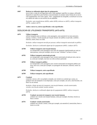 CIF Actividades e Participação
118
d465 Deslocar-se utilizando algum tipo de equipamento
mover todo o corpo de um lugar para outro, sobre qualquer superfície ou espaço, utilizando
dispositivos específicos para facilitar a movimentação ou arranjar outras formas de se mover
com equipamentos, tais como, patins, "skis", equipamento de mergulho, ou deslocar-se na rua
em cadeira de rodas ou com auxílio de um andarilho
Exclusões: auto transferências (d420); andar (d450); deslocar-se (d455); utilizar transporte
(d470); conduzir (d475)
d469 Andar e mover-se, outros especificados e não especificados
DESLOCAR-SE UTILIZANDO TRANSPORTE (d470-d479)
d470 Utilizar transporte
utilizar transporte para se deslocar, como passageiro, num automóvel ou num autocarro,
carroça, rickshaw, veículo puxado por tracção animal, táxi público ou privado, combóio ,
eléctrico, metro, barco ou avião
Inclusões: utilizar transporte movido por pessoas; utilizar transporte motorizado ou público
Exclusões: deslocar-se utilizando algum tipo de equipamento (d465); conduzir (d475)
d4700 Utilizar transporte com tracção humana
ser transportado como passageiro num meio de transporte impulsionado por uma ou
mais pessoas, como por exemplo, mover-se num "rickshaw" ou barco a remos
d4701 Utilizar transporte motorizado privado
ser transportado como passageiro num veículo motorizado privado por terra, mar ou
ar, como por exemplo, num taxi ou avião ou barco particular
d4702 Utilizar transporte público
ser transportado como passageiro num veículo motorizado de transporte público por
terra, mar ou ar, como por exemplo, ser passageiro de autocarro, eléctrico, metro ou
avião
d4708 Utilizar transporte, outro especificado
d4709 Utilizar transporte, não especificado
d475 Conduzir
controlar e mover, sob o seu próprio comando, um veículo ou o animal que o puxa, ou
qualquer meio de transporte à sua disposição, como por exemplo, um carro, uma bicicleta, um
barco ou um animal
Inclusões: dirigir um meio de transporte com tracção humana, veículos motorizados,
veículos com tracção animal; montar animais
Exclusões: deslocar-se utilizando algum tipo de equipamento (d465); utilizar transporte
(d470)
d4750 Conduzir um meio de transporte com tracção humana
conduzir um veículo com tracção humana, como por exemplo, bicicleta, triciclo ou
barco a remos
d4751 Conduzir veículos motorizados
conduzir um veículo a motor, como por exemplo, um automóvel, motocicleta, barco a
motor ou avião
 