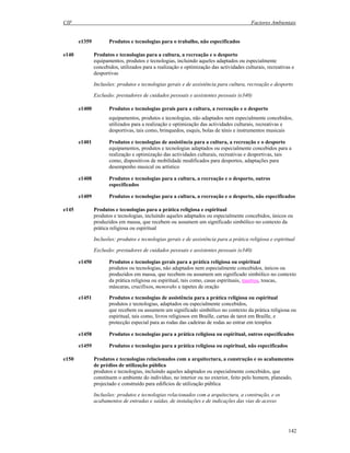 CIF Factores Ambientais
142
e1359 Produtos e tecnologias para o trabalho, não especificados
e140 Produtos e tecnologias para a cultura, a recreação e o desporto
equipamentos, produtos e tecnologias, incluindo aqueles adaptados ou especialmente
concebidos, utilizados para a realização e optimização das actividades culturais, recreativas e
desportivas
Inclusões: produtos e tecnologias gerais e de assistência para cultura, recreação e desporto
Exclusão: prestadores de cuidados pessoais e assistentes pessoais (e340)
e1400 Produtos e tecnologias gerais para a cultura, a recreação e o desporto
equipamentos, produtos e tecnologias, não adaptados nem especialmente concebidos,
utilizados para a realização e optimização das actividades culturais, recreativas e
desportivas, tais como, brinquedos, esquis, bolas de ténis e instrumentos musicais
e1401 Produtos e tecnologias de assistência para a cultura, a recreação e o desporto
equipamentos, produtos e tecnologias adaptados ou especialmente concebidos para a
realização e optimização das actividades culturais, recreativas e desportivas, tais
como, dispositivos de mobilidade modificados para desportos, adaptações para
desempenho musical ou artístico
e1408 Produtos e tecnologias para a cultura, a recreação e o desporto, outros
especificados
e1409 Produtos e tecnologias para a cultura, a recreação e o desporto, não especificados
e145 Produtos e tecnologias para a prática religiosa e espiritual
produtos e tecnologias, incluindo aqueles adaptados ou especialmente concebidos, únicos ou
produzidos em massa, que recebem ou assumem um significado simbólico no contexto da
prática religiosa ou espiritual
Inclusões: produtos e tecnologias gerais e de assistência para a prática religiosa e espiritual
Exclusão: prestadores de cuidados pessoais e assistentes pessoais (e340)
e1450 Produtos e tecnologias gerais para a prática religiosa ou espiritual
produtos ou tecnologias, não adaptados nem especialmente concebidos, únicos ou
produzidos em massa, que recebem ou assumem um significado simbólico no contexto
da prática religiosa ou espiritual, tais como, casas espirituais, mastros, toucas,
máscaras, crucifixos, menorahs e tapetes de oração
e1451 Produtos e tecnologias de assistência para a prática religiosa ou espiritual
produtos e tecnologias, adaptados ou especialmente concebidos,
que recebem ou assumem um significado simbólico no contexto da prática religiosa ou
espiritual, tais como, livros religiosos em Braille, cartas de tarot em Braille, e
protecção especial para as rodas das cadeiras de rodas ao entrar em templos
e1458 Produtos e tecnologias para a prática religiosa ou espiritual, outros especificados
e1459 Produtos e tecnologias para a prática religiosa ou espiritual, não especificados
e150 Produtos e tecnologias relacionados com a arquitectura, a construção e os acabamentos
de prédios de utilização pública
produtos e tecnologias, incluindo aqueles adaptados ou especialmente concebidos, que
constituem o ambiente do indivíduo, no interior ou no exterior, feito pelo homem, planeado,
projectado e construído para edifícios de utilização pública
Inclusões: produtos e tecnologias relacionados com a arquitectura, a construção, e os
acabamentos de entradas e saídas, de instalações e de indicações das vias de acesso
 