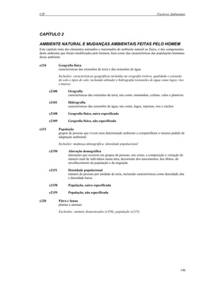CIF Factores Ambientais
146
CAPÍTULO 2
AMBIENTE NATURAL E MUDANÇAS AMBIENTAIS FEITAS PELO HOMEM
Este capítulo trata dos elementos animados e inanimados do ambiente natural ou físico, e dos componentes
deste ambiente que foram modificados pelo homem, bem como das características das populações humanas
desse ambiente
e210 Geografia física
características das extensões de terra e das extensões de água
Inclusões: características geográficas incluídas na orografia (relevo, qualidade e extensão
do solo e tipos de solo, incluindo altitude) e hidrografia (extensões de água como lagos, rios
e mares)
e2100 Orografia
características das extensões da terra, tais como, montanhas, colinas, vales e planícies
e2101 Hidrografia
características das extensões de água, tais como, lagos, represas, rios e riachos
e2108 Geografia física, outra especificada
e2109 Geografia física, não especificada
e215 População
grupos de pessoas que vivem num determinado ambiente e compartilham o mesmo padrão de
adaptação ambiental
Inclusões: mudança demográfica; densidade populacional
e2150 Alteração demográfica
alterações que ocorrem em grupos de pessoas, tais como, a composição e variação do
número total de indivíduos numa área, decorrente dos nascimentos, dos óbitos, do
envelhecimento da população e da migração
e2151 Densidade populacional
número de pessoas por unidade de terra, incluindo características como densidade alta
e densidade baixa
e2158 População, outra especificada
e2159 População, não especificada
e220 Flora e fauna
plantas e animais
Exclusões: animais domesticados (e350); população (e215)
 