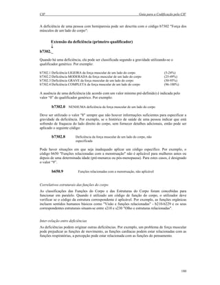 CIF Guia para a Codificação pela CIF
180
A deficiência de uma pessoa com hemiparesia pode ser descrita com o código b7302 "Força dos
músculos de um lado do corpo":
Extensão da deficiência (primeiro qualificador)
↓
b7302._
Quando há uma deficiência, ela pode ser classificada segundo a gravidade utilizando-se o
qualificador genérico. Por exemplo:
b7302.1 Deficiência LIGEIRA da força muscular de um lado do corpo (5-24%)
b7302.2 Deficiência MODERADA da força muscular de um lado do corpo (25-49%)
b7302.3 Deficiência GRAVE da força muscular de um lado do corpo (50-95%)
b7302.4 Deficiência COMPLETA da força muscular de um lado do corpo (96-100%)
A ausência de uma deficiência (de acordo com um valor mínimo pré-definido) é indicada pelo
valor “0” do qualificador genérico. Por exemplo:
b7302.0 NENHUMA deficiência da força muscular de um lado do corpo
Deve ser utilizado o valor "8" sempre que não houver informações suficientes para especificar a
gravidade da deficiência. Por exemplo, se o histórico de saúde de uma pessoa indicar que está
sofrendo de fraqueza do lado direito do corpo, sem fornecer detalhes adicionais, então pode ser
aplicado o seguinte código:
b7302.8 Deficiência da força muscular de um lado do corpo, não
especificada
Pode haver situações em que seja inadequado aplicar um código específico. Por exemplo, o
código b650 "Funções relacionadas com a menstruação" não é aplicável para mulheres antes ou
depois de uma determinada idade (pré-menarca ou pós-menopausa). Para estes casos, é designado
o valor “9”.
b650.9 Funções relacionadas com a menstruação, não aplicável
Correlativos estruturais das funções do corpo
As classificações das Funções do Corpo e das Estruturas do Corpo foram concebidas para
funcionar em paralelo. Quando é utilizado um código de função do corpo, o utilizador deve
verificar se o código da estrutura correspondente é aplicável. Por exemplo, as funções orgânicas
incluem sentidos humanos básicos como "Visão e funções relacionadas" - b210-b229 e os seus
correspondentes estruturais situam-se entre s210 e s230 "Olho e estruturas relacionadas".
Inter-relação entre deficiências
As deficiências podem originar outras deficiências. Por exemplo, um problema de força muscular
pode prejudicar as funções de movimento, as funções cardíacas podem estar relacionadas com as
funções respiratórias, a percepção pode estar relacionada com as funções do pensamento.
 