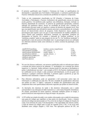 CIF Introdução
21
(6) O primeiro qualificador para Funções e Estruturas do Corpo, os qualificadores de
desempenho e capacidade para Actividades e Participação, e o primeiro qualificador dos
Factores Ambientais descrevem a extensão dos problemas no respectivo componente.
(7) Todos os três componentes classificados na CIF (Funções e Estruturas do Corpo,
Actividades e Participação e Factores Ambientais) são quantificados através da mesma
escala genérica. Um problema pode significar uma deficiência, limitação, restrição ou
barreira, dependendo do constructo. As palavras de qualificação apropriadas, conforme
indicado nos parênteses abaixo, devem ser escolhidas de acordo com o domínio de
classificação relevante (onde xxx significa o número de domínio do segundo nível). Para
que essa quantificação seja utilizada de maneira universal, os procedimentos de avaliação
devem ser desenvolvidos através de pesquisas. Estão disponíveis classes amplas de
percentagens para aqueles casos em que se usam instrumentos de medida calibrados ou
outras normas para quantificar deficiência, limitação de capacidade, problema de
desempenho ou barreira. Por exemplo, a indicação de “nenhum problema” ou de
“problema completo” pode ter uma margem de erro até 5%. Um "problema moderado" é
quantificado a meio da escala de dificuldade total. As percentagens devem ser calibradas
nos diferentes domínios tendo como referência os valores standard da população, como
percentis.
xxx.0 NÃO há problema (nenhum, ausente, insignificante) 0-4%
xxx.1 Problema LIGEIRO (leve, pequeno, ...) 5-24%
xxx.2 Problema MODERADO (médio, regular, ...) 25-49%
xxx.3 Problema GRAVE (grande, extremo, ...) 50-95%
xxx.4 Problema COMPLETO (total, ....) 96-100%
xxx.8 não especificado
xxx.9 não aplicável
(8) No caso dos factores ambientais, este primeiro qualificador pode ser utilizado para indicar
a extensão dos efeitos positivos do ambiente, i.e. facilitadores, ou a extensão dos efeitos
negativos, i.e., barreiras. Ambos utilizam a mesma escala 0-4, mas para os facilitadores o
ponto é substituído por um sinal +: por exemplo, e110+2. Os Factores Ambientais podem
ser codificados (a) em relação a cada constructo individualmente, ou (b) em geral, sem
referência a qualquer constructo individual. A primeira opção é preferível, já que ela
identifica mais claramente o impacto e a atribuição.
(9) Para diferentes utilizadores, pode ser apropriado e útil acrescentar outros tipos de
informações à codificação de cada item. Há uma variedade de qualificadores adicionais
que podem ser úteis. A Tabela 3 apresenta os detalhes dos qualificadores para cada
componente bem como qualificadores adicionais sugeridos que podem ser desenvolvidos.
(10) As descrições dos domínios da saúde e dos domínios relacionados com a saúde
correspondem à sua utilização em dado momento (i.e. como numa fotografia instantânea).
No entanto, procedendo de forma repetitiva, utilizando múltiplos pontos no tempo, é
possível descrever uma trajectória ao longo do tempo e do processo.
(11) A CIF atribui aos estados da saúde e aos estados relacionados com a saúde de uma pessoa,
uma gama de códigos que englobam as duas partes da classificação. Assim, o número
máximo de códigos por pessoa pode ser 34 ao nível de um dígito (8 códigos de funções do
corpo, 8 de estruturas do corpo, 9 de desempenho e 9 de capacidade). De maneira similar,
o total do número de códigos para os itens do segundo nível é 362. A um nível mais
detalhado esses códigos chegam a 1424 itens. Nas aplicações práticas da CIF, um
 