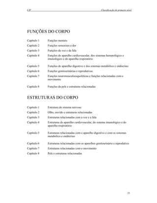 CIF Classificação de primeiro nível
25
FUNÇÕES DO CORPO
Capítulo 1 Funções mentais
Capítulo 2 Funções sensoriais e dor
Capítulo 3 Funções da voz e da fala
Capítulo 4 Funções do aparelho cardiovascular, dos sistemas hematológico e
imunológico e do aparelho respiratório
Capítulo 5 Funções do aparelho digestivo e dos sistemas metabólico e endócrino
Capítulo 6 Funções genitourinárias e reprodutivas
Capítulo 7 Funções neuromusculoesqueléticas e funções relacionadas com o
movimento
Capítulo 8 Funções da pele e estruturas relacionadas
ESTRUTURAS DO CORPO
Capítulo 1 Estrutura do sistema nervoso
Capítulo 2 Olho, ouvido e estruturas relacionadas
Capítulo 3 Estruturas relacionadas com a voz e a fala
Capítulo 4 Estruturas do aparelho cardiovascular, do sistema imunológico e do
aparelho respiratório
Capítulo 5 Estruturas relacionadas com o aparelho digestivo e com os sistemas
metabólico e endócrino
Capítulo 6 Estruturas relacionadas com os aparelhos genitourinário e reprodutivo
Capítulo 7 Estruturas relacionadas com o movimento
Capítulo 8 Pele e estruturas relacionadas
 