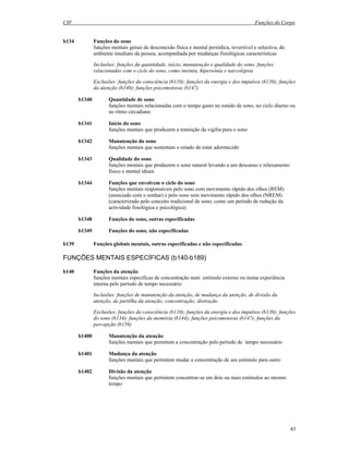 CIF Funções do Corpo
43
b134 Funções do sono
funções mentais gerais de desconexão física e mental periódica, reversível e selectiva, do
ambiente imediato da pessoa, acompanhada por mudanças fisiológicas características
Inclusões: funções da quantidade, início, manutenção e qualidade do sono; funções
relacionadas com o ciclo do sono, como insónia, hipersónia e narcolépsia
Exclusões: funções da consciência (b110); funções da energia e dos impulsos (b130); funções
da atenção (b140); funções psicomotoras (b147)
b1340 Quantidade de sono
funções mentais relacionadas com o tempo gasto no estado de sono, no ciclo diurno ou
no ritmo circadiano
b1341 Início do sono
funções mentais que produzem a transição da vigília para o sono
b1342 Manutenção do sono
funções mentais que sustentam o estado de estar adormecido
b1343 Qualidade do sono
funções mentais que produzem o sono natural levando a um descanso e relaxamento
físico e mental ideais
b1344 Funções que envolvem o ciclo do sono
funções mentais responsáveis pelo sono com movimento rápido dos olhos (REM)
(associado com o sonhar) e pelo sono sem movimento rápido dos olhos (NREM)
(caracterizado pelo conceito tradicional de sono, como um período de redução da
actividade fisiológica e psicológica)
b1348 Funções do sono, outras especificadas
b1349 Funções do sono, não especificadas
b139 Funções globais mentais, outras especificadas e não especificadas
FUNÇÕES MENTAIS ESPECÍFICAS (b140-b189)
b140 Funções da atenção
funções mentais específicas de concentração num estímulo externo ou numa experiência
interna pelo período de tempo necessário
Inclusões: funções de manutenção da atenção, de mudança da atenção, de divisão da
atenção, de partilha da atenção; concentração; distração
Exclusões: funções da consciência (b110); funções da energia e dos impulsos (b130); funções
do sono (b134); funções da memória (b144); funções psicomotoras (b147); funções da
percepção (b156)
b1400 Manutenção da atenção
funções mentais que permitem a concentração pelo período de tempo necessário
b1401 Mudança da atenção
funções mentais que permitem mudar a concentração de um estímulo para outro
b1402 Divisão da atenção
funções mentais que permitem concentrar-se em dois ou mais estímulos ao mesmo
tempo
 