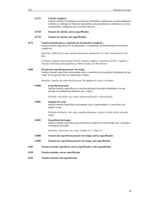 CIF Funções do Corpo
49
b1721 Cálculo complexo
funções mentais de tradução de problemas formulados verbalmente em procedimentos
aritméticos, tradução de fórmulas matemáticas em procedimentos aritméticos e outras
manipulações complexas que envolvam números
b1728 Funções de cálculo, outras especificadas
b1729 Funções de cálculo, não especificadas
b176 Funções mentais para a sequência de movimentos complexos
funções mentais específicas de encadeamento e coordenação de determinados movimentos
complexos
Inclusões: deficiências como apraxia ideacional, ideomotora, do vestir, oculomotora e da
fala
Exclusões: funções psicomotoras (b147); funções cognitivas superiores (b164); Capítulo 7
Funções Neuromusculoesqueléticas e Relacionadas aos Movimentos
b180 Funções de experiência pessoal e do tempo
funções mentais específicas relacionadas com a consciência da sua própria identidade, do seu
corpo, da sua postura face ao mundo que o rodeia
Inclusões: funções da experiência pessoal, da imagem do corpo e do tempo
b1800 Experiência pessoal
funções mentais específicas da consciencialização da própria identidade e da sua
posição na realidade do ambiente que o rodeia
Inclusão: alterações, tais como, despersonalização e desrealização
b1801 Imagem do corpo
funções mentais específicas relacionadas com a representação e a consciência do
próprio corpo
Inclusão:alterações, tais como, membro-fantasma e sentir-se muito gordo ou muito
magro
b1802 Experiência do tempo
funções mentais específicas das experiências subjectivas relacionadas com a duração e
a passagem de tempo
Inclusões: alterações, tais como, "jamais vu" e "déjà vu"
b1808 Funções da experiência pessoal e do tempo, outras especificadas
b1809 Funções da experiência pessoal e do tempo, não especificadas
b189 Funções mentais específicas, outras especificadas e não especificadas
b198 Funções mentais, outras especificadas
b199 Funções mentais, não especificadas
 