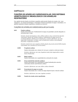 CIF Funções do Corpo
59
CAPÍTULO 4
FUNÇÕES DO APARELHO CARDIOVASCULAR, DOS SISTEMAS
HEMATOLÓGICO E IMUNOLÓGICO E DO APARELHO
RESPIRATÓRIO
Este capítulo trata das funções envolvidas no aparelho cardiovascular (funções do coração e dos vasos
sanguíneos) , nos sistemas hematológico e imunológico (funções da produção de sangue e imunidade), e no
aparelho respiratório (funções respiratórias e tolerância ao exercício)
FUNÇÕES DO APARELHO CARDIOVASCULAR (b410-b429)
b410 Funções cardíacas
funções relacionadas com o bombeamento de sangue em quantidade e pressão adequadas ou
necessárias para o corpo
Inclusões: funções da frequência, ritmo e débito cardíacos; força contráctil dos músculos
ventriculares; funções das válvulas cardíacas; bombeamento do sangue através da
circulação pulmonar; dinâmica da circulação para o coração; deficiências, tais como,
taquicardia, bradicardia e arritmias como na insuficiência cardíaca, miocardiopatia,
miocardite e insuficiência coronária
Exclusões: funções dos vasos sanguíneos (b415); funções da pressão arterial (b420); funções
relacionadas com a tolerância ao exercício (b455)
b4100 Frequência cardíaca
funções relacionadas com o número de vezes que o coração se contrai por minuto
Inclusões: deficiências, tais como, frequências muito altas (taquicardia) ou muito
baixas (bradicardia)
b4101 Ritmo cardíaco
funções relacionadas com a regularidade das contracções do coração
b4102 Força contráctil dos músculos cardíacos
funções relacionadas com a quantidade de sangue bombeada pelos músculos
ventriculares durante cada batimento cardíaco
Inclusões: deficiências, tais como, débito cardíaco diminuído
b4103 Fornecimento de sangue ao coração
funções relacionadas com o volume de sangue disponível para o músculo cardíaco
Inclusões: deficiências, tais como, isquémia coronária
b4108 Funções do coração, outras especificadas
 