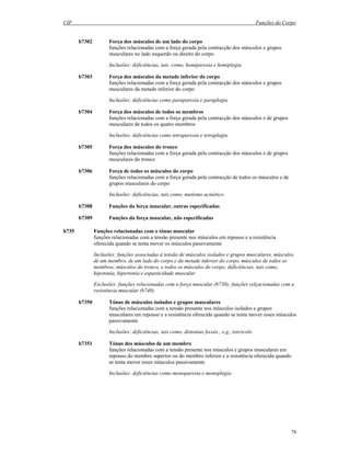 CIF Funções do Corpo
76
b7302 Força dos músculos de um lado do corpo
funções relacionadas com a força gerada pela contracção dos músculos e grupos
musculares no lado esquerdo ou direito do corpo
Inclusões: deficiências, tais como, hemiparesia e hemiplegia
b7303 Força dos músculos da metade inferior do corpo
funções relacionadas com a força gerada pela contracção dos músculos e grupos
musculares da metade inferior do corpo
Inclusões: deficiências como paraparesia e paraplegia
b7304 Força dos músculos de todos os membros
funções relacionadas com a força gerada pela contracção dos músculos e de grupos
musculares de todos os quatro membros
Inclusões: deficiências como tetraparesia e tetraplegia
b7305 Força dos músculos do tronco
funções relacionadas com a força gerada pela contracção dos músculos e de grupos
musculares do tronco
b7306 Força de todos os músculos do corpo
funções relacionadas com a força gerada pela contracção de todos os músculos e de
grupos musculares do corpo
Inclusões: deficiências, tais como, mutismo acinético
b7308 Funções da força muscular, outras especificadas
b7309 Funções da força muscular, não especificadas
b735 Funções relacionadas com o tónus muscular
funções relacionadas com a tensão presente nos músculos em repouso e a resistência
oferecida quando se tenta mover os músculos passivamente
Inclusões: funções associadas à tensão de músculos isolados e grupos musculares, músculos
de um membro, de um lado do corpo e da metade inferior do corpo, músculos de todos os
membros, músculos do tronco, e todos os músculos do corpo; deficiências, tais como,
hipotonia, hipertonia e espasticidade muscular
Exclusões: funções relacionadas com a força muscular (b730); funções relçacionadas com a
resistência muscular (b740)
b7350 Tónus de músculos isolados e grupos musculares
funções relacionadas com a tensão presente nos músculos isolados e grupos
musculares em repouso e a resistência oferecida quando se tenta mover esses músculos
passivamente
Inclusões: deficiências, tais como, distonias focais , e.g., torcicolo
b7351 Tónus dos músculos de um membro
funções relacionadas com a tensão presente nos músculos e grupos musculares em
repouso do membro superior ou do membro inferior e a resistência oferecida quando
se tenta mover esses músculos passivamente
Inclusões: deficiências como monoparesia e monoplegia
 