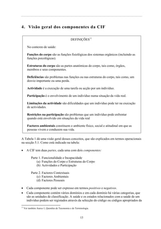 4. Visão geral dos componentes da CIF
DEFINIÇÕES11
No contexto de saúde:
Funções do corpo são as funções fisiológicas dos sistemas orgânicos (incluindo as
funções psicológicas).
Estruturas do corpo são as partes anatómicas do corpo, tais como, órgãos,
membros e seus componentes.
Deficiências são problemas nas funções ou nas estruturas do corpo, tais como, um
desvio importante ou uma perda.
Actividade é a execução de uma tarefa ou acção por um indivíduo.
Participação é o envolvimento de um indivíduo numa situação da vida real.
Limitações da actividade são dificuldades que um indivíduo pode ter na execução
de actividades.
Restrições na participação são problemas que um indivíduo pode enfrentar
quando está envolvido em situações da vida real
Factores ambientais constituem o ambiente físico, social e atitudinal em que as
pessoas vivem e conduzem sua vida.
A Tabela 1 dá uma visão geral desses conceitos, que são explicados em termos operacionais
na secção 5.1. Como está indicado na tabela:
• A CIF tem duas partes, cada uma com dois componentes:
Parte 1. Funcionalidade e Incapacidade
(a) Funções do Corpo e Estruturas do Corpo
(b) Actividades e Participação
Parte 2. Factores Contextuais
(c) Factores Ambientais
(d) Factores Pessoais
• Cada componente pode ser expresso em termos positivos e negativos.
• Cada componente contém vários domínios e em cada domínio há várias categorias, que
são as unidades de classificação. A saúde e os estados relacionados com a saúde de um
indivíduo podem ser registados através da selecção do código ou códigos apropriados da
11
Ver também Anexo 1, Questões de Taxonomia e de Terminologia.
13
 
