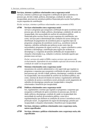 5. Serviços, sistemas e políticas CIF
e570 Serviços, sistemas e políticas relacionados com a segurança social
serviços, sistemas e políticas que asseguram a atribuição de apoio económico às
pessoas que, devido à idade, pobreza, desemprego, condição de saúde ou
incapacidade, precisam de assistência pública financiada pela receita fiscal pública
ou por esquemas de contribuição
Exclui: serviços, sistemas e políticas relacionados com a economia (e565)
e5700 Serviços relacionados com a segurança social
serviços e programas que asseguram a atribuição de apoio económico para
pessoas que, devido à idade, pobreza, desemprego, condições de saúde ou
incapacidade, têm necessidade de usufruir de assistência pública
financiada pelas receitas fiscais ou por esquemas de contribuição, tais
como, serviços para a determinação das condições de acesso entrega ou
distribuição de pagamentos de assistência para os seguintes tipos de
programas: programas de assistência social (e.g., assistência isenta de
impostos, subsídios atribuídos por pobreza ou por outro tipo de
necessidades), programas de seguro social (e.g., seguro contributivo contra
acidentes e desemprego, contribuição para seguro por acidente ou
desemprego ), e esquemas de pensões atribuídas por incapacidade e
situações relacionadas (e.g., reduções à colecta), incluindo aqueles que
prestam esses serviços
Exclui: serviços de saúde (e5800) e outros serviços cujo acesso está,
exclusivamente, dependente de necessidades especiais decorrentes de uma
condição de saúde ou incapacidade
e5701 Sistemas relacionados com a segurança social
mecanismos de controlo administrativo e de supervisão que regulam os
programas e esquemas que asseguram a atribuição de apoio económico
para pessoas que, devido à idade, pobreza, desemprego, condição de saúde
ou incapacidade, tem necessidade de usufruir de assistência pública, tais
como, sistemas de desenvolvimento de normas e regulamentos definindo
as condições de acesso a assistência social, protecção social, pagamento de
subsídios de desemprego, pensões por incapacidade e situações
relacionadas e benefícios por incapacidade
e5702 Políticas relacionadas com a segurança social
leis, regulamentos e normas que regulam os programas e esquemas que
asseguram a atribuição de apoio económico às pessoas que, devido à
idade, pobreza, desemprego, condição de saúde ou incapacidade têm
necessidade de usufruir da assistência pública, como leis e
regulamentações que definem as condições de acesso à assistência social ,
protecção social , ao pagamento de seguro de desemprego, pensões por
incapacidade e situações relacionadas e benefícios por incapacidade
e5708 Serviços, sistemas e políticas relacionados com a segurança socia,
outros especificados
e5709 Serviços, sistemas e políticas relacionados com a segurança socia, não
especificados
178
 