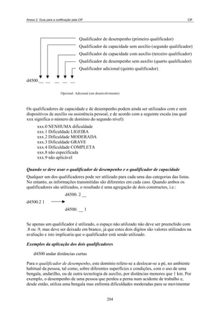 Anexo 2. Guia para a codificação pela CIF CIF
Qualificador de desempenho (primeiro qualificador)
Qualificador de capacidade sem auxílio (segundo qualificador)
Qualificador de capacidade com auxílio (terceiro qualificador)
Qualificador de desempenho sem auxílio (quarto qualificador)
Qualificador adicional (quinto qualificador)
d4500.__ __ __ __ __
Os qualificadores de capacidade e de desempenho podem ainda ser utilizados com e sem
dispositivos de auxílio ou assistência pessoal, e de acordo com a seguinte escala (na qual
xxx significa o número de domínio do segundo nível):
xxx.0 NENHUMA dificuldade
xxx.1 Dificuldade LIGEIRA
xxx.2 Dificuldade MODERADA
xxx.3 Dificuldade GRAVE
xxx.4 Dificuldade COMPLETA
xxx.8 não especificada
xxx.9 não aplicável
Quando se deve usar o qualificador de desempenho e o qualificador de capacidade
Matriz de
informação
(padrão)
Opcional Adicional (em desenvolvimento)
Qualquer um dos qualificadores pode ser utilizado para cada uma das categorias das listas.
No entanto, as informações transmitidas são diferentes em cada caso. Quando ambos os
qualificadores são utilizados, o resultado é uma agregação de dois constructos, i.e.:
d4500. 2 __
d4500.2 1
d4500. __ 1
Se apenas um qualificador é utilizado, o espaço não utilizado não deve ser preenchido com
.8 ou .9, mas deve ser deixado em branco, já que estes dois dígitos são valores utilizados na
avaliação e isto implicaria que o qualificador está sendo utilizado.
Exemplos da aplicação dos dois qualificadores
d4500 andar distâncias curtas
Para o qualificador de desempenho, este domínio refere-se a deslocar-se a pé, no ambiente
habitual da pessoa, tal como, sobre diferentes superfícies e condições, com o uso de uma
bengala, andarilho, ou de outra tecnologia de auxílio, por distâncias menores que 1 km. Por
exemplo, o desempenho de uma pessoa que perdeu a perna num acidente de trabalho e,
desde então, utiliza uma bengala mas enfrenta dificuldades moderadas para se movimentar
204
 