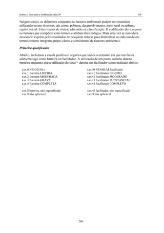 Anexo 2. Guia para a codificação pela CIF CIF
Nalguns casos, os diferentes conjuntos de factores ambientais podem ser resumidos
utilizando-se um só termo, tais como, pobreza, desenvolvimento, meio rural ou urbano,
capital social. Estes termos de síntese não estão na classificação. O codificador deve separar
os factores que compõem estes termos e atribuir-lhes códigos. Mais uma vez se considera
necessário esperar pelos resultados de pesquisas futuras para determinar se cada um destes
termos resumo integram grupos claros e consistentes de factores ambientais.
Primeiro qualificador
Abaixo, incluímos a escala positiva e negativa que indica a extensão em que um factor
ambiental age como barreira ou facilitador. A utilização de um ponto sozinho denota
barreira enquanto que a utilização do sinal + denota um facilitador como indicado abaixo:
xxx.0 NENHUM o xxx+0 NENHUM Facilitador
xxx.1 Barreira LIGEIRA xxx+1 Facilitador LIGEIRO
xxx.2 Barreira MODERADA xxx+2 Facilitador MODERADO
xxx.3 Barreira GRAVE xxx+3 Facilitador SUBSTANCIAL
xxx.4 Barreira COMPLETA xxx+4 Facilitador COMPLETO
xxx.8 barreira, não especificada xxx+8 facilitador, não especificado
xxx.9 não aplicável xxx.9 não aplicável
206
 