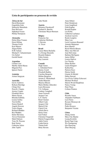Lista de participantes no processo de revisão
África do Sul Anne HébertJohn Walsh
Peter HendersonDavid Boonzaier
Áustria Lynn JongbloedGugulethu Gule
Faith KaplanKlemens FheodoroffSebenzile Matsebula
Ronald KaplanGerhard S. BarolinPam McLaren
Lee KirbyChristiane Meyer-BornsenSiphokazi Gcaza
Catherine LachancePhillip Thompson
Bélgica Jocelyne Lacroix
Alemanha Renée LangloisFrançoise Jan
Mary LawCatherine MollmanHelmi Böse-Younes
Lucie Lemieux-BrassardJ. StevensHorst Dilling
Annette MajnemerA. TricotThomas Ewert
Rose MartiniKurt Maurer
Brasil Raoul Martin-BlouinJürgen Rehm
Mary Ann McCollCassia Maria BuchallaH.M. Schian
Joan McComasE. d'Arrigo BusnelloMichael F. Schuntermann
Barbara McElgunnRicardo HalpernUte Siebel
Janice MillerFabio GomesGerold Stucki
Louise OgilvieRuy Laurenti
Argentina Luc Noreau
Canadá Diane RichlerLiliana Lissi
Laurie RingaertHugh AntonMartha Adela Mazas
Kathia RoyJ. Arboleda-FlorezMiguela Pico
Patricia SiscoDenise AvardIgnacio Saenz
Denise SmithElizabeth Badley
Arménia Ginette St MichelCaroline Bergeron
Debra StewartHélène BergeronArmen Sargsyan
Luz Elvira Vallejo EcheverriJerome E. Bickenbach
Austrália Michael WolfsonAndra Blanchet
Sharon Wood-DauphineeMaurice BlouinGavin Andrews
Nancy YoungMario Bolduc (falecido)Robyne Burridge
Peter WassLucie BrosseauChing Choi
Colleen WattersT.S. CallananPrem K. Chopra
Lindsay CampbellJeremy Couper
ChileAnne CarswellElisabeth Davis
Ricardo ArayaJacques CatsMaree Dyson
Alejandra FaulbaumL.S. CherryRhonda Galbally
Luis FloresRené CloutierLouise Golley
Roxane Moncayo de
Bremont
Albert CookTim Griffin
Jacques CôtéSimon Haskell
Pedro RiosecoMarcel CôtéAngela Hewson
Benjamin VicenteCheryl CottTracie Hogan
Aileen DavisRichard Madden
ChinaHenry EnnsRos Madden
Zhang AiminGail FinkelHelen McAuley
Mary Chu ManlaiChristine FitzgeraldTrevor Parmenter
Leung KwokfaiPatrick FougeyrollasMark Pattison
Karen Ngai LingAdele FurrieTony M. Pinzone
Wu XuanguongLinda GarciaKate Senior
Qiu ZhuoyingYhetta GoldCatherine Sykes
Zhao ShuyingBetty HavensJohn Taplin
230
 