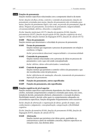CIF 1. Funções mentais
b160 Funções do pensamento
funções mentais específicas relacionadas com a componente ideativa da mente
Inclui: funções do fluxo, forma, controlo e conteúdo do pensamento; funções do
pensamento orientadas para metas, funções do pensamento não orientadas para
metas; funções do pensamento lógico, tais como, na pressão do pensamento, fuga de
ideias, bloqueio do pensamento, incoerência do pensamento, tangencialidade,
circunstancialidade, delírios, obsessões e compulsões
Exclui: funções intelectuais (b117); funções da memória (b144); funções
psicomotoras (b147); funções da percepção (b156); funções cognitivas de nível
superior (b164); funções mentais da linguagem (b167); funções de cálculo (b172)
b1600 Fluxo do pensamento
funções mentais que determinam a velocidade do processo do pensamento
b1601 Forma do pensamento
funções mentais que organizam o processo do pensamento em relação à
coerência e à lógica
Inclui: perseverância ideacional, tangencialidade e circunstancialidade
b1602 Conteúdo do pensamento
funções mentais relacionadas com a presença de ideias no processo de
pensamento e com o que está sendo conceptualizado
Inclui: delírios, ideias sobrevalorizadas e somatização
b1603 Controlo do pensamento
funções mentais que permitem o controlo volitivo do pensamento e que
são reconhecidas como tal pela pessoa
Inclui: deficiências de ruminação, obsessão, transmissão do pensamento e
imposição do pensamento
b1608 Funções do pensamento, outras especificadas
b1609 Funções do pensamento, não especificadas
b164 Funções cognitivas de nível superior
funções mentais específicas especialmente dependentes dos lobos frontais do
cérebro, incluindo comportamentos complexos orientados para metas, tais como,
tomada de decisão, pensamento abstracto, planeamento e execução de planos,
flexibilidade mental e decisão sobre quais os comportamentos adequados em
circunstâncias específicas; funções designadas frequentemente como executivas
Inclui: função de abstracção e organização de ideias; gestão do tempo, auto-
conhecimento e julgamento; conceptualização, categorização e flexibilidade
cognitiva
Exclui: funções da memória (b144); funções do pensamento (b160); funções da
linguagem (b167); funções de cálculo (b172)
b1640 Abstracção
funções mentais que permitem criar ideias gerais, qualidades ou
características a partir de realidades concretas, objectos específicos ou
situações reais, mas distintas deles
57
 