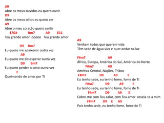 A9
Abre os meus ouvidos eu quero ouvir
D9
Abre os meus olhos eu quero ver
A9
Abre o meu coração quero sentir
E/G# Bm7 A9 E11
Teu grande amor ooooo Teu grande amor
D9 Bm7
Eu quero me apaixonar outra vez
A9
Eu quero me desesperar outra vez
D9 Bm7
Eu quero perder o sono outra vez
E
Queimando de amor por Ti
A9
Venham todos que querem vida
Têm sede de água viva e quer andar na luz
F#m7 A9
África, Europa, América do Sul, América do Norte
F#m7 A9
América Central, Nações, Tribos
F#m7 D9 A9 E
Eu tenho sede, eu tenho fome, fome de Ti
F#m7 D9 A9 E
Eu tenho sede, eu tenho fome, fome de Ti
F#m7 D9 A9 E
Cobre-me com Teu calor, com Teu amor revela-te a mim
F#m7 D9 E A9
Pois tenho sede, eu tenho fome, fome de Ti
 