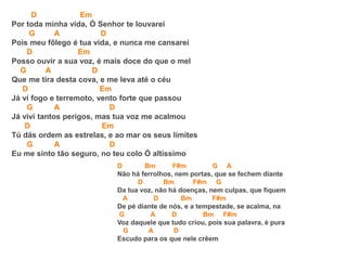 D Em
Por toda minha vida, Ó Senhor te louvarei
G A D
Pois meu fôlego é tua vida, e nunca me cansarei
D Em
Posso ouvir a sua voz, é mais doce do que o mel
G A D
Que me tira desta cova, e me leva até o céu
D Em
Já ví fogo e terremoto, vento forte que passou
G A D
Já vivi tantos perigos, mas tua voz me acalmou
D Em
Tú dás ordem as estrelas, e ao mar os seus limites
G A D
Eu me sinto tâo seguro, no teu colo Ó altíssimo
D Bm F#m G A
Não há ferrolhos, nem portas, que se fechem diante
D Bm F#m G
Da tua voz, não há doenças, nem culpas, que fiquem
A D Bm F#m
De pé diante de nós, e a tempestade, se acalma, na
G A D Bm F#m
Voz daquele que tudo criou, pois sua palavra, é pura
G A D
Escudo para os que nele crêem
 