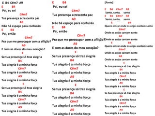 E B4 C#m7 A9
E B4
Pai, eu sei
C#m7
Tua presença acrescenta paz
A9
Não há espaço para confusão
E B4
Pai, então
C#m7
Pra que me preocupar com a aflição?
A9
E com as dores do meu coração?
E
Se tua presença só traz alegria
B4
Tua alegria é a minha força
C#m7
Tua alegria é a minha força
A9
Tua alegria é a minha força
E
Se tua presença só traz alegria
B4
Tua alegria é a minha força
C#m7
Tua alegria é a minha força
A9
Tua alegria é a minha força
E B4
Pai, eu sei
C#m7
Tua presença acrescenta paz
A9
Não há espaço para confusão
E B4
Pai, então
C#m7
Pra que me preocupar com a aflição?
A9
E com as dores do meu coração?
E
Se tua presença só traz alegria
B4
Tua alegria é a minha força
C#m7
Tua alegria é a minha força
A9
Tua alegria é a minha força
E
Se tua presença só traz alegria
B4
Tua alegria é a minha força
C#m7
Tua alegria é a minha força
A9
Tua alegria é a minha força
[Ponte]
E B4 C#m7 A9
Santo, santo, santo
E B4 C#m7 A9
Santo, santo, santo
E B4
Quero entrar onde os anjos cantam santo
C#m7
Onde os anjos cantam santo
A9
Onde os anjos cantam santo
E B4
Quero entrar onde os anjos cantam santo
C#m7
Onde os anjos cantam santo
A9
Onde os anjos cantam santo
E
Se tua presença só traz alegria
B4
Tua alegria é a minha força
C#m7
Tua alegria é a minha força
A9
Tua alegria é a minha força
E
Se tua presença só traz alegria
B4
Tua alegria é a minha força
C#m7
Tua alegria é a minha força
A9
Tua alegria é a minha força
 