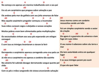 D A D
No começo era apenas um menino trabalhando com o seu pai
A9
Era só um carpinteiro que pregava sobre salvação e paz
G D
Ele andava pelo mar da galileia com seu jeito amoroso de falar
A9 D G A
Mas aquele carpinteiro pregador começou a incomodar
D A9 D
Suas mãos curavam cegos e aleijados e sarava corações
D
Muitos pobres eram bem alimentados pelas multiplicações
G D
Os necessitados vinham aos seus pés esperando um milagre
conseguir
A9 D C#
E com isso os inimigos levantaram e vieram le ferir
A9 D
Derrepente o carpinteiro aparece carregando uma cruz pelo caminho
A9 G D
Já não era o carpinteiro era apenas o cordeiro tão sozinho
A9 D
No calvário foi subindo devagar derramando sangue quente pelo
chão
A9 G D
Com os pés e mãos sangrando ele estava anunciando salvação
A9
Jesus morreu como um cordeiro
ressuscitou sendo um leão
D
Foi um simples carpinteiro sendo o autor
da criação
G A9 D
Ele agora é o guerreiro do universo e tem
fogo em suas mãos
A9
O seu nome é soberano sobre céu terra e
mar
D
Ele tem autoridade entra em qualquer
lugar
G A9
E os seus inimigos param pra ouvir
D
O que ele quer falar
 