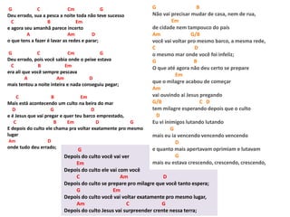 G C Cm G
Deu errado, sua a pesca a noite toda não teve sucesso
C B Em
e agora seu amanhã parece incerto
A Am D
o que tens a fazer é lavar as redes e parar;
G C Cm G
Deu errado, pois você sabia onde o peixe estava
C B Em
era ali que você sempre pescava
A Am D
mais tentou a noite inteira e nada conseguiu pegar;
C B Em
Mais está acontecendo um culto na beira do mar
D G D
e é Jesus que vai pregar e quer teu barco emprestado,
C B Em D G
E depois do culto ele chama pra voltar exatamente pro mesmo
lugar
Am D
onde tudo deu errado;
G
Depois do culto você vai ver
Em
Depois do culto ele vai com você
C Am D
Depois do culto se prepare pro milagre que você tanto espera;
G Em
Depois do culto você vai voltar exatamente pro mesmo lugar,
Am C G
Depois do culto Jesus vai surpreender crente nessa terra;
G B
Não vai precisar mudar de casa, nem de rua,
Em
de cidade nem tampouco do país
Am G/B
você vai voltar pro mesmo barco, a mesma rede,
C D
o mesmo mar onde você foi infeliz;
G B
O que até agora não deu certo se prepare
Em
que o milagre acabou de começar
Am
vai ouvindo ai Jesus pregando
G/B C D
tem milagre esperando depois que o culto
D
Eu vi inimigos lutando lutando
G
mais eu ia vencendo vencendo vencendo
D
e quanto mais apertavam oprimiam e lutavam
G
mais eu estava crescendo, crescendo, crescendo,
 