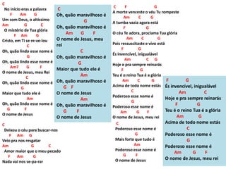 C
No início eras a palavra
F Am G
Um com Deus, o altíssimo
Am G C
O mistério de Tua glória
F Am G
Cristo, em Ti se re-ve-lou
C
Oh, quão lindo esse nome é
G
Oh, quão lindo esse nome é
Am7 G F
O nome de Jesus, meu Rei
C
Oh, quão lindo esse nome é
G
Maior que tudo ele é
Am
Oh, quão lindo esse nome é
G F
O nome de Jesus
C
Deixou o céu para buscar-nos
F Am G
Veio pra nos resgatar
Am G C
Amor maior que o meu pecado
F Am G
Nada vai nos se-pa-rar
C
Oh, quão maravilhoso é
G
Oh, quão maravilhoso é
Am G F
O nome de Jesus, meu
rei
C
Oh, quão maravilhoso é
G
Maior que tudo ele é
Am
Oh, quão maravilhoso é
G F
O nome de Jesus
Am
Oh, quão maravilhoso é
G F
O nome de Jesus
C F G
A morte venceste o véu Tu rompeste
Am C G
A tumba vazia agora está
F G
O céu Te adora, proclama Tua glória
Am C G
Pois ressuscitaste e vivo está
F G
És invencível, inigualável
Am C G
Hoje e pra sempre reinarás
F G
Teu é o reino Tua é a glória
Am C G
Acima de todo nome estás
C
Poderoso esse nome é
G
Poderoso esse nome é
Am G F
O nome de Jesus, meu rei
F G
És invencível, inigualável
Am C
Hoje e pra sempre reinarás
F G
Teu é o reino Tua é a glória
Am G
Acima de todo nome estás
C
Poderoso esse nome é
G
Poderoso esse nome é
Am G F
O nome de Jesus, meu rei
C
Poderoso esse nome é
G
Mais forte que tudo é
Am
Poderoso esse nome é
G F
O nome de Jesus
 