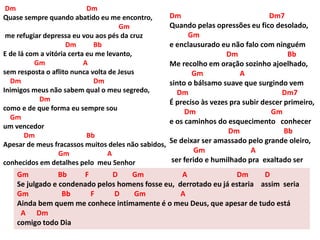 Dm Dm
Quase sempre quando abatido eu me encontro,
Gm
me refugiar depressa eu vou aos pés da cruz
Dm Bb
E de lá com a vitória certa eu me levanto,
Gm A
sem resposta o aflito nunca volta de Jesus
Dm Dm
Inimigos meus não sabem qual o meu segredo,
Dm
como e de que forma eu sempre sou
Gm
um vencedor
Dm Bb
Apesar de meus fracassos muitos deles não sabidos,
Gm A
conhecidos em detalhes pelo meu Senhor
Gm Bb F D Gm A Dm D
Se julgado e condenado pelos homens fosse eu, derrotado eu já estaria assim seria
Gm Bb F D Gm A
Ainda bem quem me conhece intimamente é o meu Deus, que apesar de tudo está
A Dm
comigo todo Dia
Dm Dm7
Quando pelas opressões eu fico desolado,
Gm
e enclausurado eu não falo com ninguém
Dm Bb
Me recolho em oração sozinho ajoelhado,
Gm A
sinto o bálsamo suave que surgindo vem
Dm Dm7
É preciso às vezes pra subir descer primeiro,
Dm Gm
e os caminhos do esquecimento conhecer
Dm Bb
Se deixar ser amassado pelo grande oleiro,
Gm A
ser ferido e humilhado pra exaltado ser
 