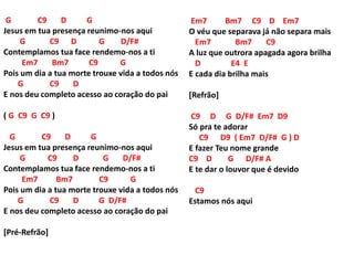 G C9 D G
Jesus em tua presença reunimo-nos aqui
G C9 D G D/F#
Contemplamos tua face rendemo-nos a ti
Em7 Bm7 C9 G
Pois um dia a tua morte trouxe vida a todos nós
G C9 D
E nos deu completo acesso ao coração do pai
( G C9 G C9 )
G C9 D G
Jesus em tua presença reunimo-nos aqui
G C9 D G D/F#
Contemplamos tua face rendemo-nos a ti
Em7 Bm7 C9 G
Pois um dia a tua morte trouxe vida a todos nós
G C9 D G D/F#
E nos deu completo acesso ao coração do pai
[Pré-Refrão]
Em7 Bm7 C9 D Em7
O véu que separava já não separa mais
Em7 Bm7 C9
A luz que outrora apagada agora brilha
D E4 E
E cada dia brilha mais
[Refrão]
C9 D G D/F# Em7 D9
Só pra te adorar
C9 D9 ( Em7 D/F# G ) D
E fazer Teu nome grande
C9 D G D/F# A
E te dar o louvor que é devido
C9
Estamos nós aqui
 