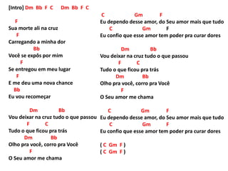 [Intro] Dm Bb F C Dm Bb F C
F
Sua morte ali na cruz
F
Carregando a minha dor
Bb
Você se expôs por mim
F
Se entregou em meu lugar
F
E me deu uma nova chance
Bb
Eu vou recomeçar
Dm Bb
Vou deixar na cruz tudo o que passou
F C
Tudo o que ficou pra trás
Dm Bb
Olho pra você, corro pra Você
F
O Seu amor me chama
C Gm F
Eu dependo desse amor, do Seu amor mais que tudo
C Gm F
Eu confio que esse amor tem poder pra curar dores
Dm Bb
Vou deixar na cruz tudo o que passou
F C
Tudo o que ficou pra trás
Dm Bb
Olho pra você, corro pra Você
F
O Seu amor me chama
C Gm F
Eu dependo desse amor, do Seu amor mais que tudo
C Gm F
Eu confio que esse amor tem poder pra curar dores
( C Gm F )
( C Gm F )
 