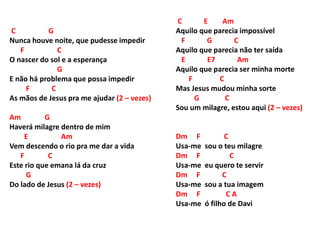 C G
Nunca houve noite, que pudesse impedir
F C
O nascer do sol e a esperança
G
E não há problema que possa impedir
F C
As mãos de Jesus pra me ajudar (2 – vezes)
Am G
Haverá milagre dentro de mim
E Am
Vem descendo o rio pra me dar a vida
F C
Este rio que emana lá da cruz
G
Do lado de Jesus (2 – vezes)
C E Am
Aquilo que parecia impossível
F G C
Aquilo que parecia não ter saída
E E7 Am
Aquilo que parecia ser minha morte
F C
Mas Jesus mudou minha sorte
G C
Sou um milagre, estou aqui (2 – vezes)
Dm F C
Usa-me sou o teu milagre
Dm F C
Usa-me eu quero te servir
Dm F C
Usa-me sou a tua imagem
Dm F C A
Usa-me ó filho de Davi
 