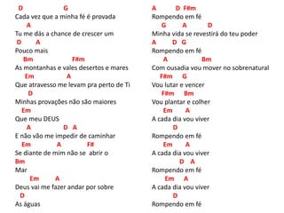 D G
Cada vez que a minha fé é provada
A
Tu me dás a chance de crescer um
D A
Pouco mais
Bm F#m
As montanhas e vales desertos e mares
Em A
Que atravesso me levam pra perto de Ti
D
Minhas provações não são maiores
Em
Que meu DEUS
A D A
E não vão me impedir de caminhar
Em A F#
Se diante de mim não se abrir o
Bm
Mar
Em A
Deus vai me fazer andar por sobre
D
As águas
A D F#m
Rompendo em fé
G A D
Minha vida se revestirá do teu poder
A D G
Rompendo em fé
A Bm
Com ousadia vou mover no sobrenatural
F#m G
Vou lutar e vencer
F#m Bm
Vou plantar e colher
Em A
A cada dia vou viver
D
Rompendo em fé
Em A
A cada dia vou viver
D A
Rompendo em fé
Em A
A cada dia vou viver
D
Rompendo em fé
 