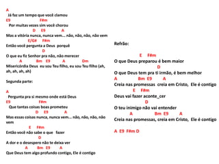 A
Já faz um tempo que você clamou
E9 F#m
Por muitas vezes sim você chorou
D E9 A
Mas a vitória nunca, nunca vem... não, não, não, não vem
E/G# F#m
Então você pergunta a Deus porquê
D
O que eu fiz Senhor pra não, não merecer
A Bm E9 A Dm
Misericórdia Deus eu sou Teu filho, eu sou Teu filho (ah,
ah, ah, ah, ah)
Segunda parte:
A
Pergunta pra si mesmo onde está Deus
E9 F#m
Que tantas coisas boas prometeu
D E9 A
Mas essas coisas nunca, nunca vem... não, não, não, não
vem
E F#m
Então você não sabe o que fazer
D
A dor e o desespero não te deixa ver
A Bm E9 A
Que Deus tem algo profundo contigo, Ele é contigo
Refrão:
E F#m
O que Deus preparou é bem maior
D
O que Deus tem pra ti irmão, é bem melhor
A Bm E9 A
Creia nas promessas creia em Cristo, Ele é contigo
E F#m
Deus vai fazer aconte_cer
D
O teu inimigo não vai entender
A Bm E9 A
Creia nas promessas, creia em Cristo, Ele é contigo
A E9 F#m D
 