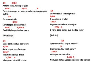 E9 B/D#
Amanheceu, nada pesquei
F#m7 E/G# A
Parecia ser apenas mais um dia como qualquer
outro
E9
Estava cansado
B/D#
Sem forças, desanimado
F#m7 E/G# A
Decidida largar tudo e parar
[Pré-Refrão]
E9
Deus conhece tua estrutura
B/D#
Sabe o que está fazendo
C#m7
Mesmo que seja difícil
E/G# A
Não pares ele está vendo
E9
Colheu todas tuas lágrimas
B/D#
E mandou a ti falar
F#m7
Pegue o que ele te entregou
E/G# A
E volte para o mar que é o teu lugar
[Refrão]
E9
Quem mandou largar a rede?
B
Quem mandou você parar?
F#m7
Volte para o mar alto
E/G# A
No lugar da tua vergonha eu vou te honrar
 