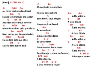 [Intro] G C7M Em C
G D/F# Em
Jó, como pode ainda adorar?
Bm C
Se não tem motivos pra cantar
G D4 D
Abandona esse Deus e morre
G D/F# Em
Mas não o adoro pelo que ele faz
Bm Am/7
Nem menos por bens materiais
E/G# Am/G
Eu o adoro pelo que ele é
D4 D
Eu sou dele, tudo é dele
C Em
Jó, você não tem motivos
Perdeu os seus bens
C
Seus filhos, seus amigos
G
O que você vai fazer?
Am
Eu vou adorar,
Em
simplesmente adorar
D C D
Eu vou adorar
G D/F#
Deus me deu, Deus tomou
Em D C
Bendito seja o nome do Senhor
G/B Am
A Ele a Glória,
D4 D G D
a Ele a honra e o louvor
Em Am
À Ele a Glória
D B7
A Ele a Glória
Em Am
À Ele a Glória
D B7
A Ele a Glória
Em Am
À Ele a Glória
D B7
A Ele a Glória
Am
À Ele a Glória
D C D4 D
Prá sempre, amém
 