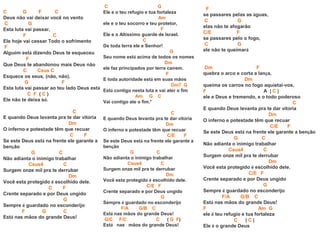 C G F C
Deus não vai deixar você no vento
C G
Esta luta vai passar,
F C
Ele hoje vai cessar Todo o sofrimento
F
Alguém está dizendo Deus te esqueceu
F
Que Deus te abandonou mais Deus não
C Csus C
Esquece os seus, (não, não).
G F
Esta luta vai passar ao teu lado Deus está
C F ( C )
Ele não te deixa só.
C
E quando Deus levanta pra te dar vitória
Dm
O inferno e potestade têm que recuar
C F
Se este Deus está na frente ele garante a
benção
G C
Não adianta o inimigo trabalhar
Csus4 C
Surgem onze mil pra te derrubar
Dm
Você esta protegido é escolhido dele.
C F
Crente separado e por Deus ungido
G
Sempre é guardado no esconderijo
F G C
Está nas mãos do grande Deus!
C G
Ele e o teu refugio e tua fortaleza
Am
ele e o teu socorro e teu protetor,
F
Ele e o Altíssimo guarde de Israel.
C
De toda terra ele e Senhor!
G
Seu nome está acima de todos os nomes
Dm
ele faz principados por terra caírem.
F
E toda autoridade está em suas mãos
Dm7 G
Está contigo nesta luta e vai ater o fim
Am G C
Vai contigo ate o fim.*
C
E quando Deus levanta pra te dar vitória
Dm
O inferno e potestade têm que recuar
C/E F
Se este Deus está na frente ele garante a
benção
G C
Não adianta o inimigo trabalhar
Csus4 C
Surgem onze mil pra te derrubar
Dm
Você esta protegido é escolhido dele.
C/E F
Crente separado e por Deus ungido
G
Sempre é guardado no esconderijo
F/A G/B C
Está nas mãos do grande Deus!
G/C F/C C ( G F)
Está nas mãos do grande Deus!
F
se passares pelas as águas,
C G
elas não te afogarão
C/E F
se passares pelo o fogo,
C G
ele não te queimará
Dm F
quebra o arco e corta a lança,
Dm
queima os carros no fogo aquietai-vos,
F A | C |
ele e Deus e tremendo, e o todo poderoso
C
E quando Deus levanta pra te dar vitória
Dm
O inferno e potestade têm que recuar
C/E F
Se este Deus está na frente ele garante a benção
G C
Não adianta o inimigo trabalhar
Csus4 C
Surgem onze mil pra te derrubar
Dm
Você esta protegido é escolhido dele.
C/E F
Crente separado e por Deus ungido
G
Sempre é guardado no esconderijo
F/A G/B C
Está nas mãos do grande Deus!
F Am G
ele é teu refugio e tua fortaleza
C | C |
Ele é o grande Deus
 