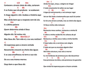 F C/E Dm
Cortaram a árvore cheia de vida, cortaram
C Bb
E os frutos que ela produzia se acabaram
Gm F
E chega alguém e diz: Acabou a história aqui
C
Mas ainda bem que a resposta vem do céu
Dm
E a última palavra
Bb
Quem determina ainda é Deus
C
Alguém diz: Só restou raiz
Bb Bbm7(5-) F
Mas Deus diz: Tem vida aí, e eu vou restituir!
C
Há esperança para a árvore cortada
Dm
Novamente crescerá ao cheiro das águas
Bb C
E se caso envelheceu na terra a sua raiz
F
Ou se o seu tronco morreu
Ouça bem o que Deus diz
Dm C
Ainda há espe_rança, a alegria vai chegar
Dm
E tudo novamente irá voltar ao seu lugar
C Bb Gm
A água já está presente, e vai começar regar
F
Vai ser tão lindo o testemunho que você irá contar
Bb C
Eu fui uma árvore cortada, mas ao cheiro das águas
F
Vi Deus minha vida restaurar
Dm C
Restaurou meus sonhos, restaurou a minha fé
Bb F/A
E sobre a minha saúde Ele me colocou de pé
Gm Bb
Restaurou a minha casa e toda a minha família
Em A
E hoje todos nós o servimos com alegria
Dm C
E toda vez que eu escutava alguém dizer
Bb F/A
Até tinha estrutura, mas veio a morrer
Gm
Eu me lembrava da promessa pra não desanimar
F C Bb C
Essa promessa me dizia, esta promessa me garantia
C
Que ainda há esperança para a árvore cortada
 