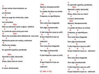 E
Foram noites intermináveis, eu
A
só chorava
E
Bem no auge da minha dor, nada
A
me consolava
B C#m
Mas eu sobrevivi como a águia solitária
E B
E a sorte de novo sorriu pra mim
B C#m
Deus me escondeu bem debaixo de suas asas
E
Nenhuma peste me matou, nenhuma
B
flecha me atingiu
E
Eu aprendi a ganhar, perdendo
C#m
Aprendi a subir, descendo
A B
Doeu, doeu mas eu cresci
E
E cresci, diminuindo,
C#m
Apareci, desaparecendo
A
E o poder de Deus na minha
B E
Fraqueza, se aperfeiçoou
B E
Tem coisa boa chegando
A
Tem algo acontecendo
B
E não importa o que eu sofri
A B
O que importa é que eu
E
sobrevivi
B E
Tem coisa boa chegando
A
Tem algo acontecendo
B
E não importa o que eu sofri
A B
O que importa é que eu
E
sobrevivi
( E C#m A B )
E
Eu aprendi a ganhar, perdendo
C#m
Aprendi a subir, descendo
A B
Doeu, doeu mas eu cresci
E
E cresci, diminuindo,
C#m
Apareci, desaparecendo
A
E o poder de Deus na minha
B E
Fraqueza, se aperfeiçoou
B E
Tem coisa boa chegando
A
Tem algo acontecendo
B
E não importa o que eu sofri
A B E
O que importa é que eu sobrevivi
B E
Tem coisa boa chegando
A
Tem algo acontecendo
B
E não importa o que eu sofri
A B E
O que importa é que eu sobrevivi
 
