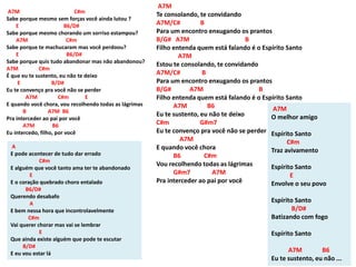 A7M C#m
Sabe porque mesmo sem forças você ainda lutou ?
E B6/D#
Sabe porque mesmo chorando um sorriso estampou?
A7M C#m
Sabe porque te machucaram mas você perdoou?
E B6/D#
Sabe porque quis tudo abandonar mas não abandonou?
A7M C#m
É que eu te sustento, eu não te deixo
E B/D#
Eu te convenço pra você não se perder
A7M C#m E
E quando você chora, vou recolhendo todas as lágrimas
B A7M B6
Pra interceder ao pai por você
A7M B6
Eu intercedo, filho, por você
A
E pode acontecer de tudo dar errado
C#m
E alguém que você tanto ama ter te abandonado
E
E o coração quebrado choro entalado
B6/D#
Querendo desabafo
A
E bem nessa hora que incontrolavelmente
C#m
Vai querer chorar mas vai se lembrar
E
Que ainda existe alguém que pode te escutar
B/D#
E eu vou estar lá
A7M
Te consolando, te convidando
A7M/C# B
Para um encontro enxugando os prantos
B/G# A7M B
Filho entenda quem está falando é o Espírito Santo
A7M
Estou te consolando, te convidando
A7M/C# B
Para um encontro enxugando os prantos
B/G# A7M B
Filho entenda quem está falando é o Espírito Santo
A7M B6
Eu te sustento, eu não te deixo
C#m G#m7
Eu te convenço pra você não se perder
A7M
E quando você chora
B6 C#m
Vou recolhendo todas as lágrimas
G#m7 A7M
Pra interceder ao pai por você
A7M
O melhor amigo
Espírito Santo
C#m
Traz avivamento
Espírito Santo
E
Envolve o seu povo
Espírito Santo
B/D#
Batizando com fogo
Espírito Santo
A7M B6
Eu te sustento, eu não ...
 