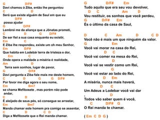 G D/F#
Davi chamou à Ziba, então lhe perguntou
C D
Será que existe alguém de Saul em que eu
D/F#
possa ajudar
G D/F#
Lembrei me da aliança que a Jônatas prometi,
C D G D/F#
De ser fiel a sua casa enquanto eu existir,
Em C
E Ziba lhe respondeu, existe um oh meu Senhor,
Em D/F#
Que habita em Lodebár terra de tristeza e dor,
Em C
Onde opera a maldade a miséria é realidade,
Am D
Terra sem sonhos, lugar de pavor,
G D/F#
Davi pergunta a Ziba fale mais me deste homem,
C D G G D/F#
Por favor me diga agora o seu nome,
Em Bm7
se chama Mefibosete , mas porém não pode
andar,
C D
É aleijado de seus pés, só consegue se arrastar,
Em Bm7
Manda chamar este homem pra comigo se assentar,
C D C D
Diga a Mefibosete que o Rei manda chamar.
G D/F# Em
Tudo aquilo que era seu vou devolver,
D C Am D
Vou restituir, os sonhos que você perdeu,
G D/F# Em
És o último da casa de Saul,
D C Am D C D
Você não é mais um que ninguém da valor.
G Em
Você vai morar na casa do Rei,
D C
Você vai comer na mesa do Rei,
D
Você vai se vestir como um Rei,
G
Você vai estar ao lado do Rei,
D Em
A miséria, nunca mais haverá,
D C
Um Adeus a Lodebar você vai dar
, D
Todos vão saber quem é você,
C D/F# G
O Rei manda te chamar.
( Em C D G )
 