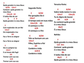 E
Quão grande é o meu Deus
B/D# C#m7
Cantarei quão grande é o
meu Deus
C#m/B A9
E todos hão de ver
B E B
Quão grande é o meu Deus
E
Com esplendor de um Rei
C#m7
Em majestade e luz
A9
Faz a Terra se alegrar
Faz a Terra se alegrar
E
Ele é a própria luz
C#m7
E as trevas vão fugir
A9
Tremer com sua voz
A/B
Tremer com sua voz
Segunda Parte:
E B/D#
Por gerações Ele é
C#m7
O tempo está em tuas mãos
C#m7/B A9
O começo e o fim
A/B
O começo e o fim
E B/D#
Três se formam em um
C#m7
Filho, Espírito e Pai
A9
Cordeiro e leão
A/B B
Cordeiro e leão
Terceira Parte:
E B/D#
Sobre todo nome é o seu
C#m7 C#m/B
Tu és digno do louvor
A9 A/B E
Eu cantarei quão grande
é o meu Deus
Bb/C
É o meu Deus
Refrão:
F
Quão grande é o meu Deus
C/E Dm
Cantarei quão grande
é o meu Deus
Bb
E todos hão de ver
Bb/C F
Quão grande é o meu Deus
 