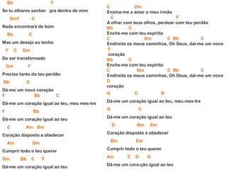 Bb F
Se tu olhares senhor pra dentro de mim
Gm7 C
Nada encontrará de bom
Bb C
Mas um desejo eu tenho
F C Dm
De ser transformado
Gm F
Preciso tanto do teu perdão
Bb C
Dá-me um novo coração
F Bb C
Dá-me um coração igual ao teu, meu mes-tre
F Bb
Dá-me um coração igual ao teu
C Am Dm
Coração disposto a obedecer
Am Dm
Cumprir todo o teu querer
Gm Bb C F
Dá-me um coração igual ao teu
C Dm
Ensina-me a amar o meu irmão
C F
A olhar com teus olhos, perdoar com teu perdão
Bb C
Enche-me com teu espírito
C Dm C Bb C
Endireita os meus caminhos, Oh Deus, dai-me um novo
F
coração
Bb C
Enche-me com teu espírito
C Dm C Bb C
Endireita os meus caminhos, Oh Deus, dai-me um novo
D
coração
G C D
Dá-me um coração igual ao teu, meu mes-tre
G C
Dá-me um coração igual ao teu
D Bm Em
Coração disposto a obedecer
Bm Em
Cumprir todo o teu querer
Am C D G
Dá-me um cora-ção igual ao teu
 