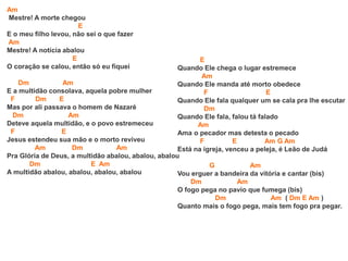 Am
Mestre! A morte chegou
E
E o meu filho levou, não sei o que fazer
Am
Mestre! A notícia abalou
E
O coração se calou, então só eu fiquei
Dm Am
E a multidão consolava, aquela pobre mulher
F Dm E
Mas por ali passava o homem de Nazaré
Dm Am
Deteve aquela multidão, e o povo estremeceu
F E
Jesus estendeu sua mão e o morto reviveu
Am Dm Am
Pra Glória de Deus, a multidão abalou, abalou, abalou
Dm E Am
A multidão abalou, abalou, abalou, abalou
E
Quando Ele chega o lugar estremece
Am
Quando Ele manda até morto obedece
F E
Quando Ele fala qualquer um se cala pra lhe escutar
Dm
Quando Ele fala, falou tá falado
Am
Ama o pecador mas detesta o pecado
F E Am G Am
Está na igreja, venceu a peleja, é Leão de Judá
G Am
Vou erguer a bandeira da vitória e cantar (bis)
Dm Am
O fogo pega no pavio que fumega (bis)
Dm Am ( Dm E Am )
Quanto mais o fogo pega, mais tem fogo pra pegar.
 