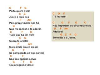 C F G
Perto quero estar
C G
Junto a teus pés
F Am
Pois prazer maior não há
G F
Que me render e Te adorar
C F G
Tudo que há em mim
C G
Quero te ofertar
F Am
Mais ainda pouco eu sei
G F
Se comparado ao que ganhei
C F
Não sou apenas servo
G F G
seu amigo me tornei
C G F
Te louvarei
C G F G C
Não importam as circunstâncias
G F Am
Adorarei
G C F G
Somente a ti Jesus.
 