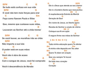 D/F# C G
Se tudo está confuso em sua vida
D/F# G
E você não tem mais forças para orar
C Em
Faça como fizeram Paulo e Silas
A
Que, mesmo que custasse suas vidas,
D
Louvaram ao Senhor até o chão tremer
D/F# C G
Se você louvar, as muralhas irão ao chão
D/F#
Não importa a sua luta
G
O poder está em suas mãos
C
Você não é obra do acaso
Em A
Com o sangue de Jesus, você foi comprado
D
Você é descendência de Abraão
G D/F#
Ele é o Deus que atende ao seu clamor
Em
Ele é o Cordeiro Santo que ressuscitou
D9 C
A resplandecente Estrela da Manhã
G
Geração de Davi
D/F#
Em nome de Jesus, se liberte agora
Em
Receba do Senhor a unção de vitória
D9 C
Coloque sua fé em ação
D
E segure firme nas mãos do Senhor
( Am G Am G C )
Bm Em
Toda minha adoração quero Te ofertar
Am Cm
A minha vida deposito em Teu altar
Bm Em
Quero Te dizer em oração
Am
Que vou sempre Te louvar
Cm
De todo meu coração
D
Coração
 
