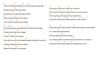 D A G D
Como é diferente este lugar e o varão de guerra aqui está
A
Ele percorre por todos os lados
G D
Por dentro e por fora ele está olhando
D A
Olhe os seus pés olhe suas mãos
G D
Tem sinais de cravos meus irmãos.
D G D A D
O varão de guerra aqui está,como é diferente este lugar
D A
E quem está triste vai se alegrar
G D
E nem o inferno vai suportar
A D
Com cinto de ouro está cingido,espada de fogo em sua mão
A
Chama de fogo por todos os lados
G D
Queima o pecado e a corrupção
D A G
A sua glória invadiu aqui invadiu ali e chegou lá
D G A D
Até os demônios tremem de medo porque o varão aqui está
D A D
Como é gostoso este lugar,este lugar é glória (2x)
A D A G D G A D
Glória Glória Glória Glória Glória Glória,este lugar é glória
D A D
Anjos descendo anjos subindo, trazendo benção e levando glóra
A
E o crente triste desanimado
D
Vai sair saltando e dizendo glória
A D
E o inimigo não fica na frente não fica de lado ou na esquina
G A D
Porque se ele não sair este povo irá passar por cima.
 